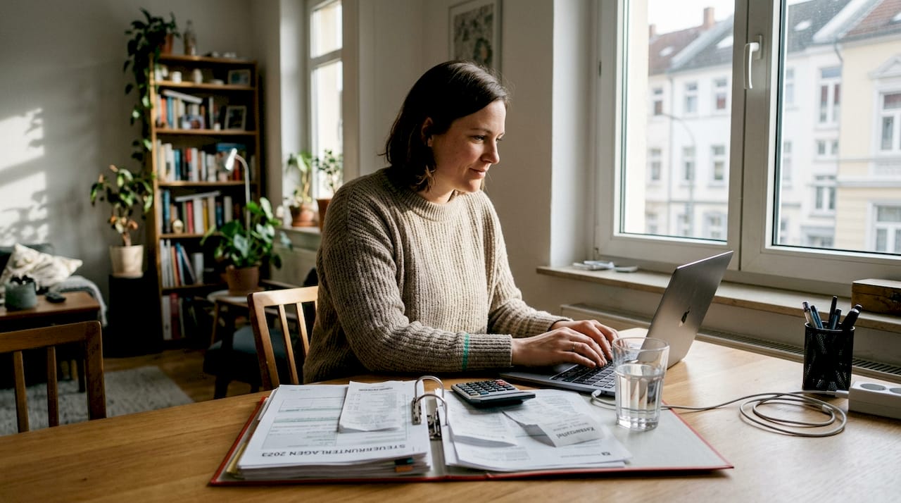 Eine alleinstehende Frau erledigt ihre Steuerunterlagen in den eigenen vier Wänden.