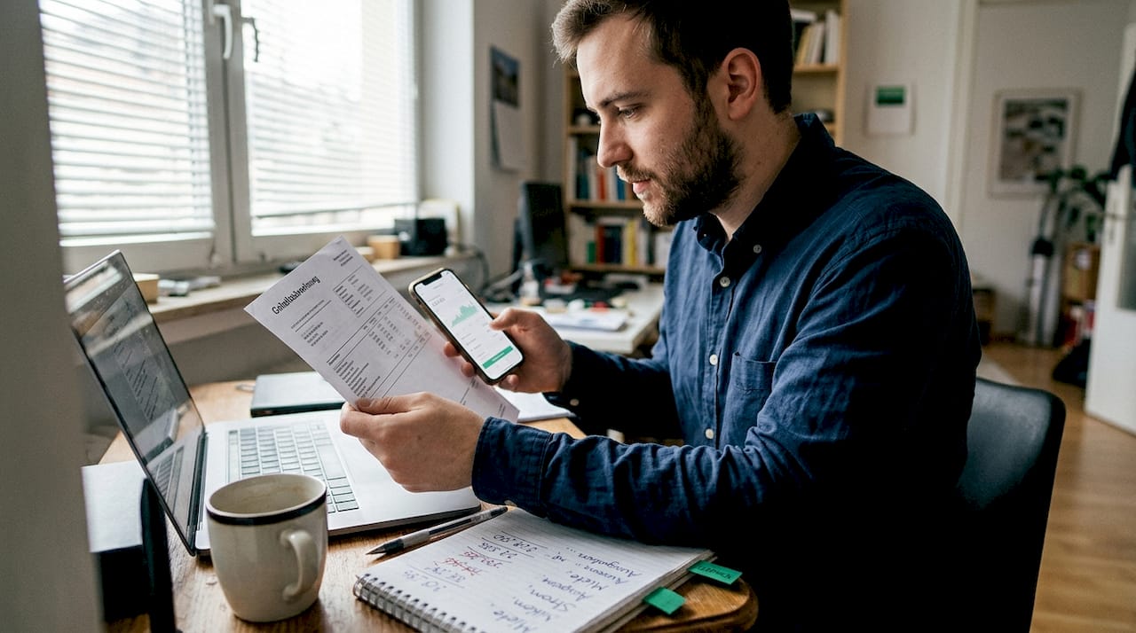 Ein Mann schaut sich am Schreibtisch seine Lohnabrechnung genau an.