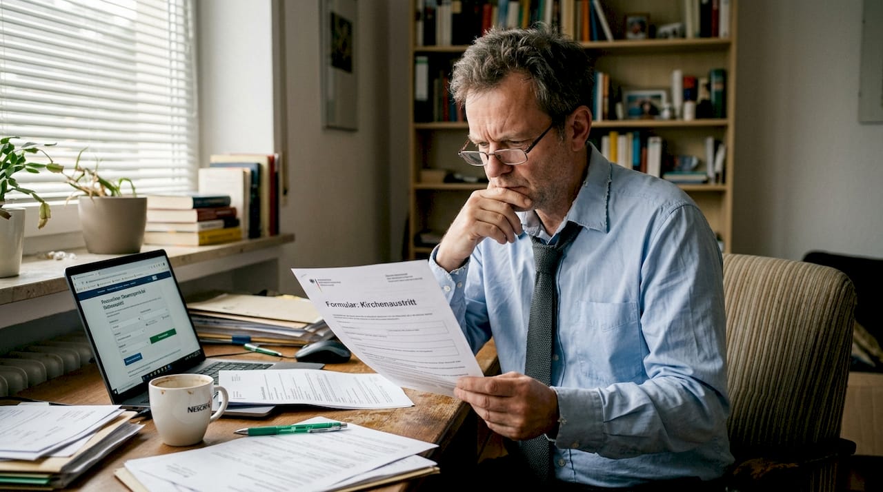 Ein Mann sitzt am Schreibtisch und prüft seine Unterlagen für den Kirchenaustritt.
