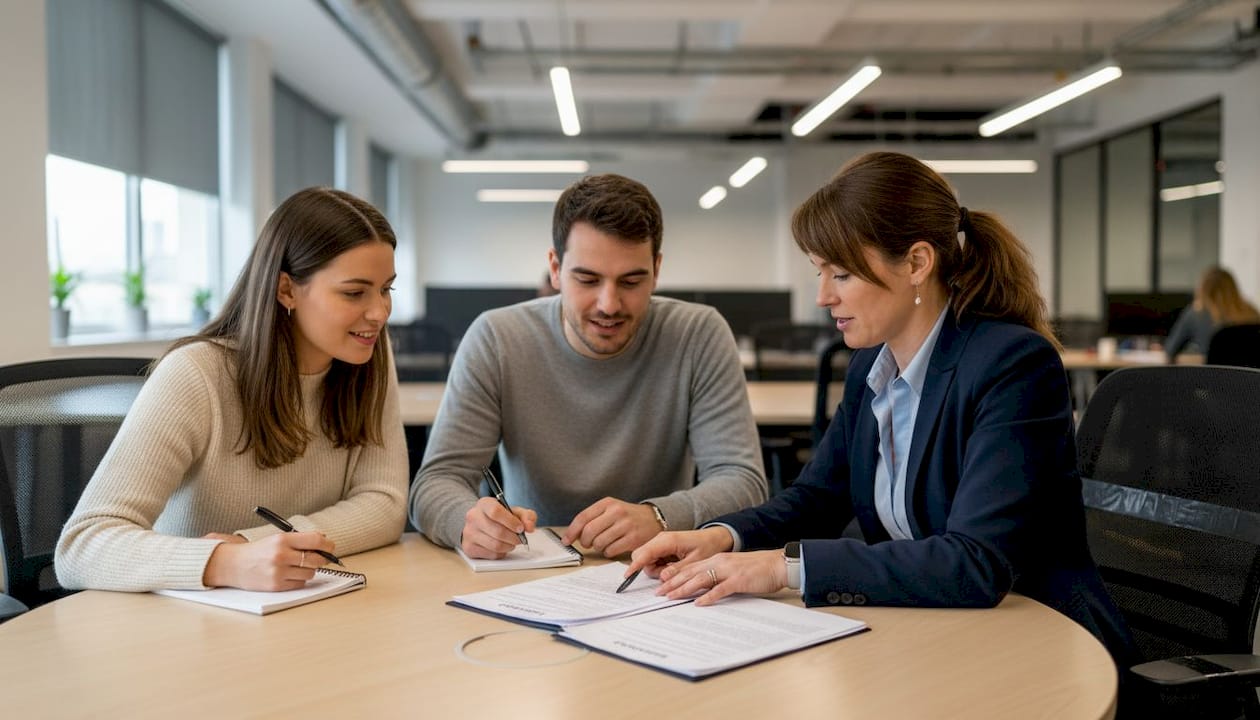 Agent explaining documents to two clients