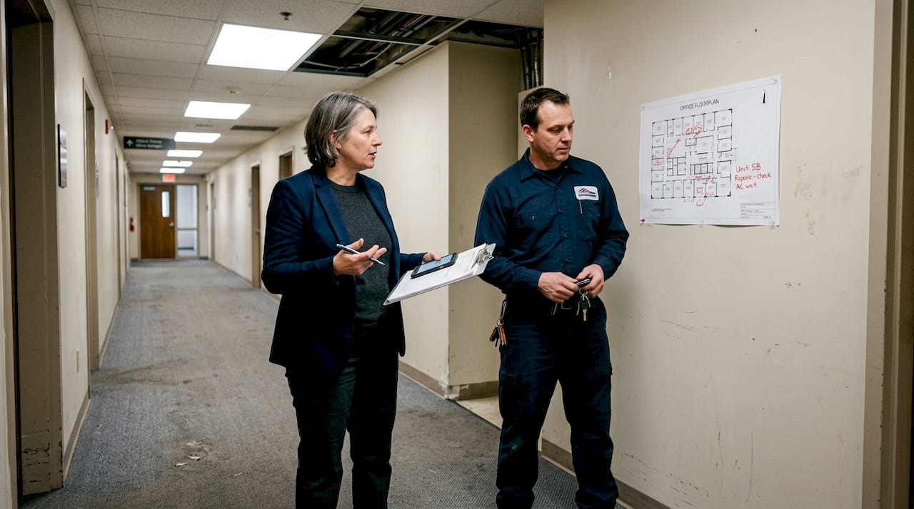 Landlord coordinating repairs in office building hallway