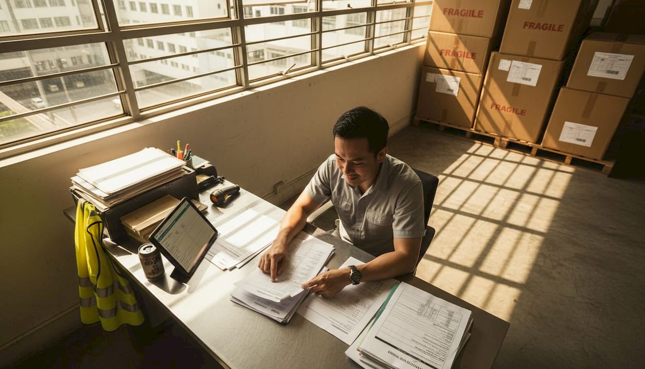 Warehouse office scene with logistics paperwork