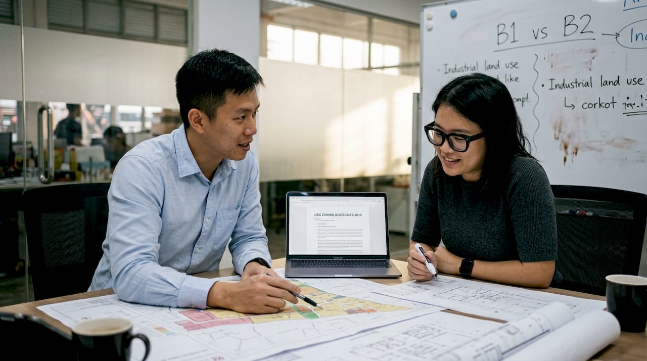 Coworkers review URA zoning maps in industrial office