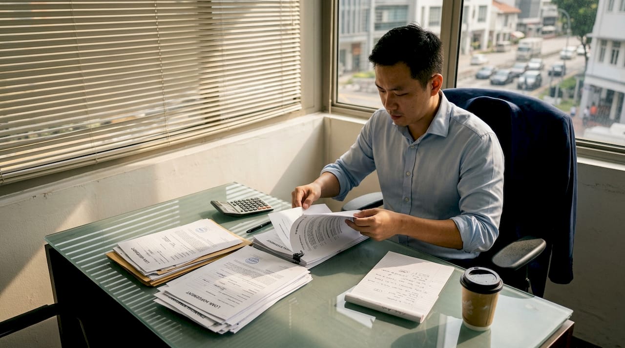 Entrepreneur sorting loan forms at office desk