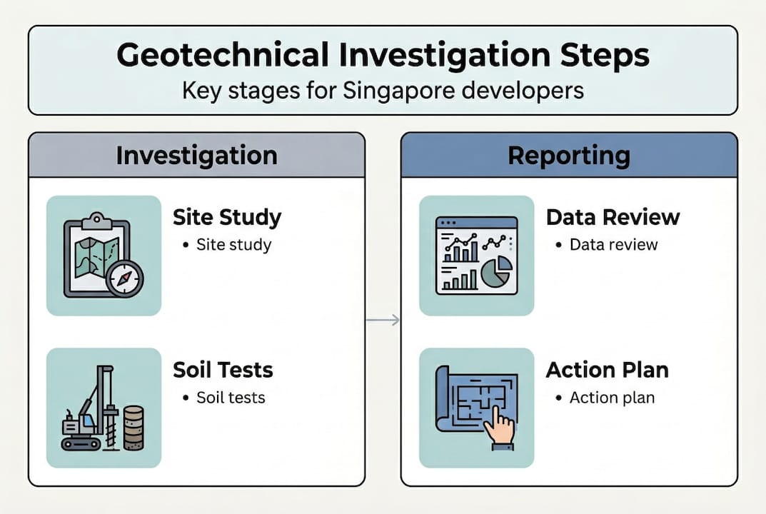 Geotechnical investigation guide for Singapore developers Infographic showing geotechnical investigation steps