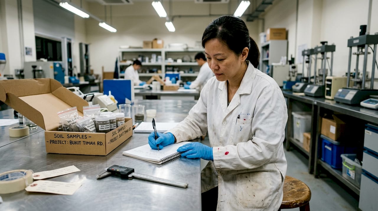 Geotechnical investigation guide for Singapore developers Technician logging soil samples in lab