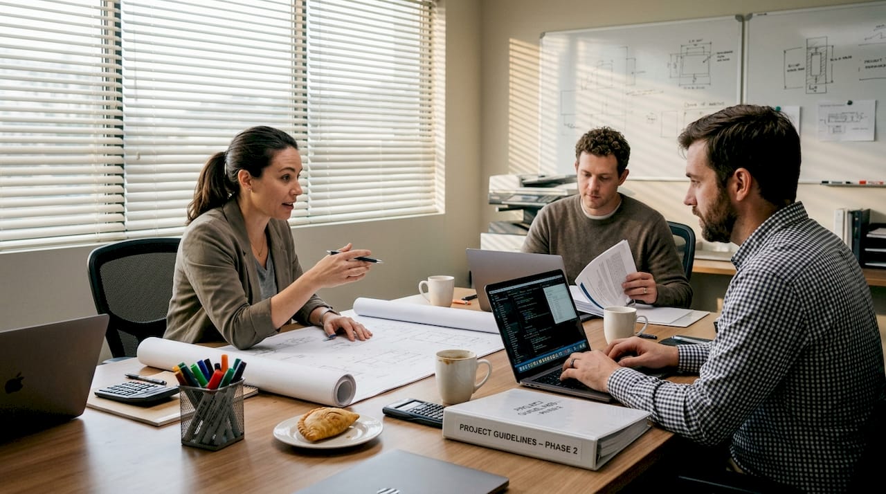 Engineers consulting project compliance blueprints