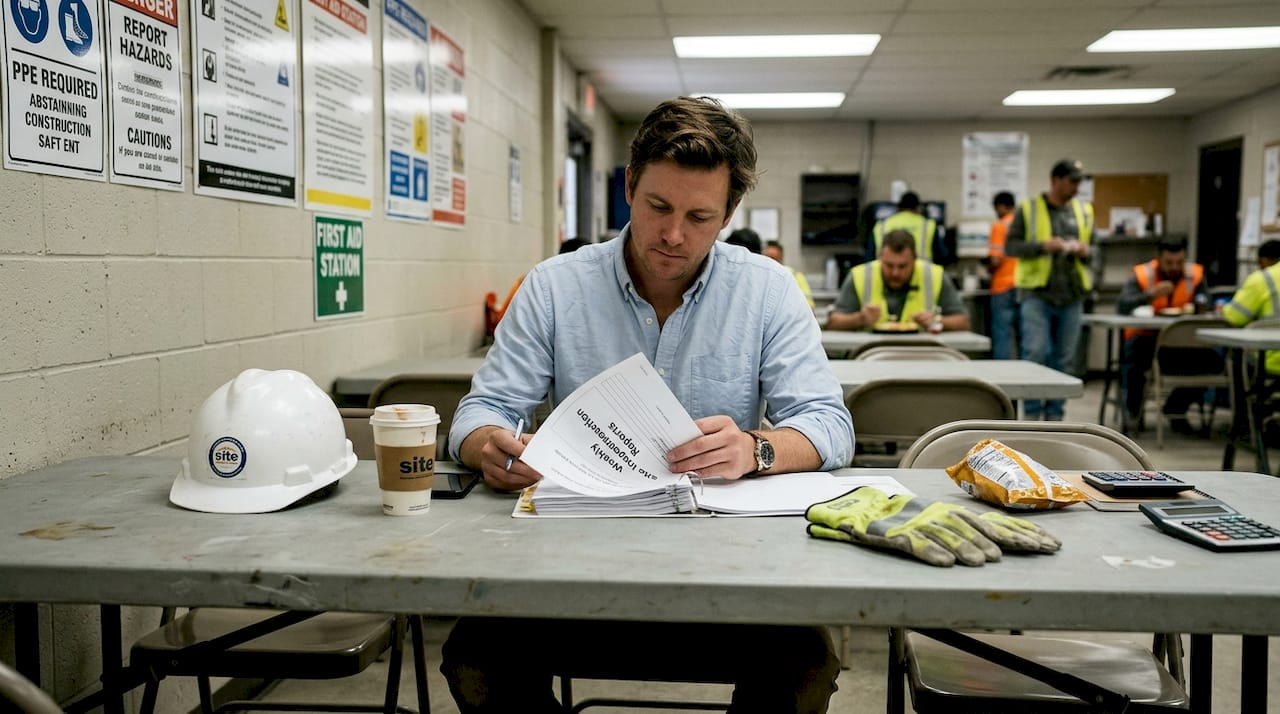 Safety officer checking site inspection paperwork