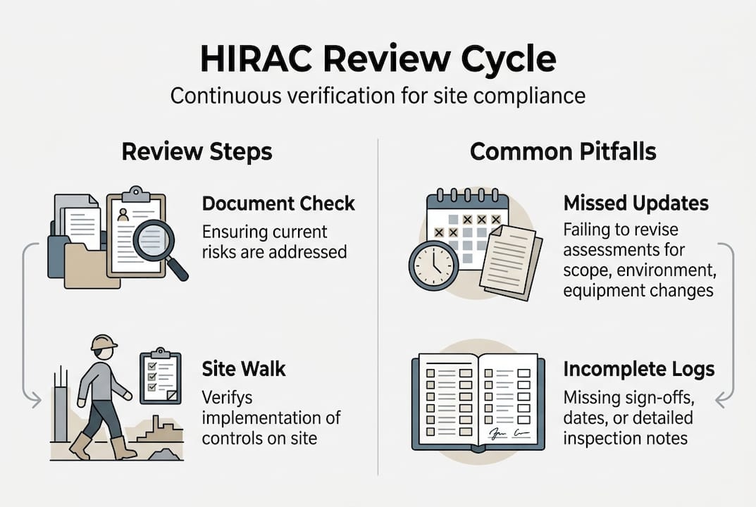 Infographic showing HIRAC review steps and pitfalls