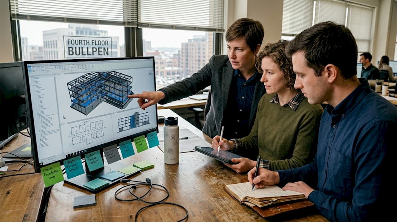 Engineers and architect collaborating over 3D design