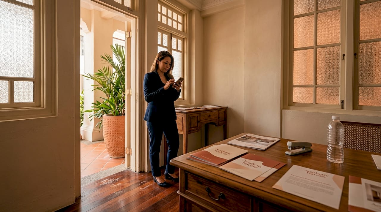 Agent waiting in Singapore shophouse interior