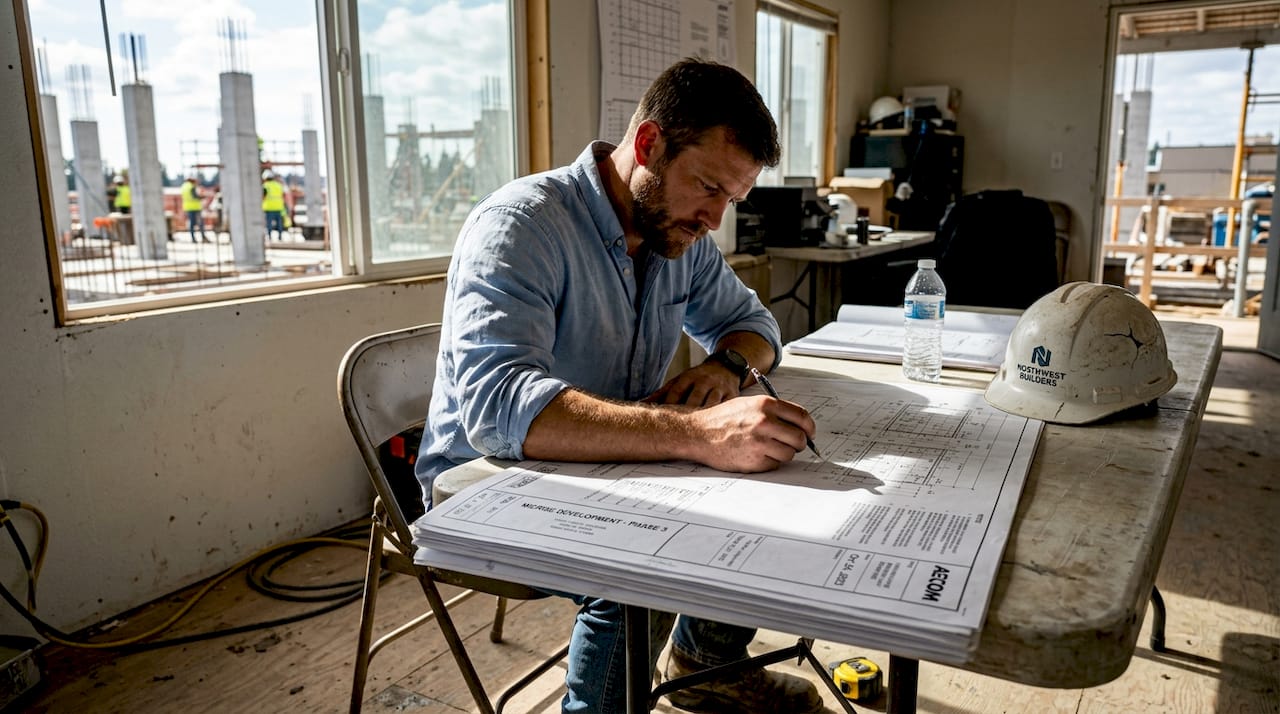 Types of Engineering Consultancy for Singapore Developers Engineer reviewing site plans at construction office