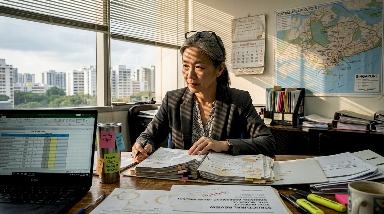 Manager reviewing structural assessment documents