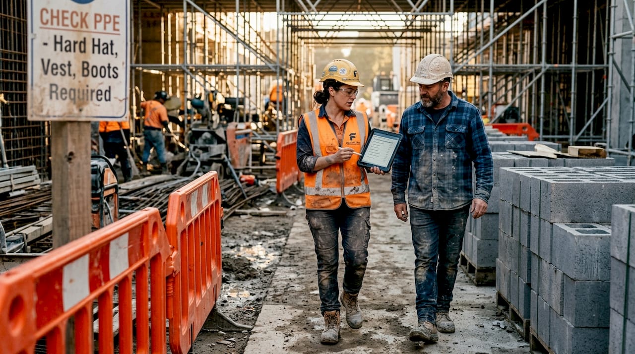 Site supervisor reviewing safety compliance onsite