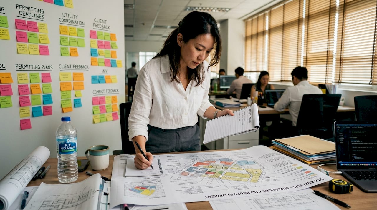 Architectural planning explained for Singapore developers Developer writing notes on pre-design plans