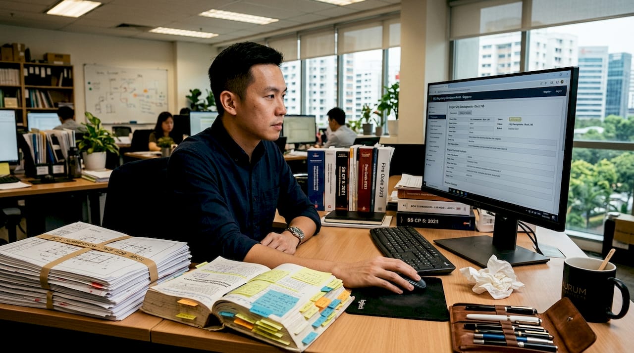 The real value of consultancy firms in Singapore construction Manager checking codebook and plans at desk