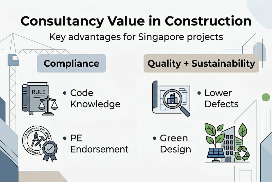 The real value of consultancy firms in Singapore construction Infographic showing consultancy benefits in construction