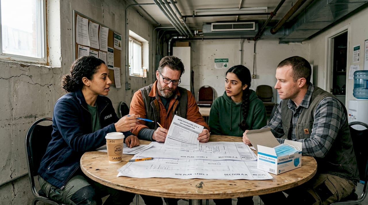 Construction team reviewing safety documents together
