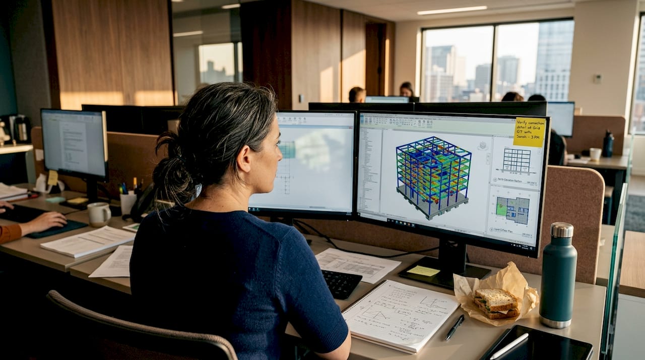 Engineer reviews BIM model and notes at desk