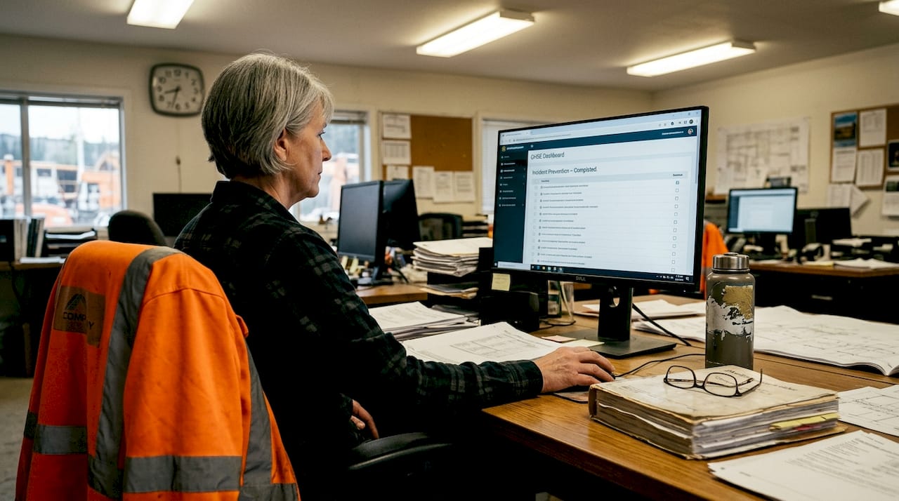 Compliance manager reviews QHSE dashboard