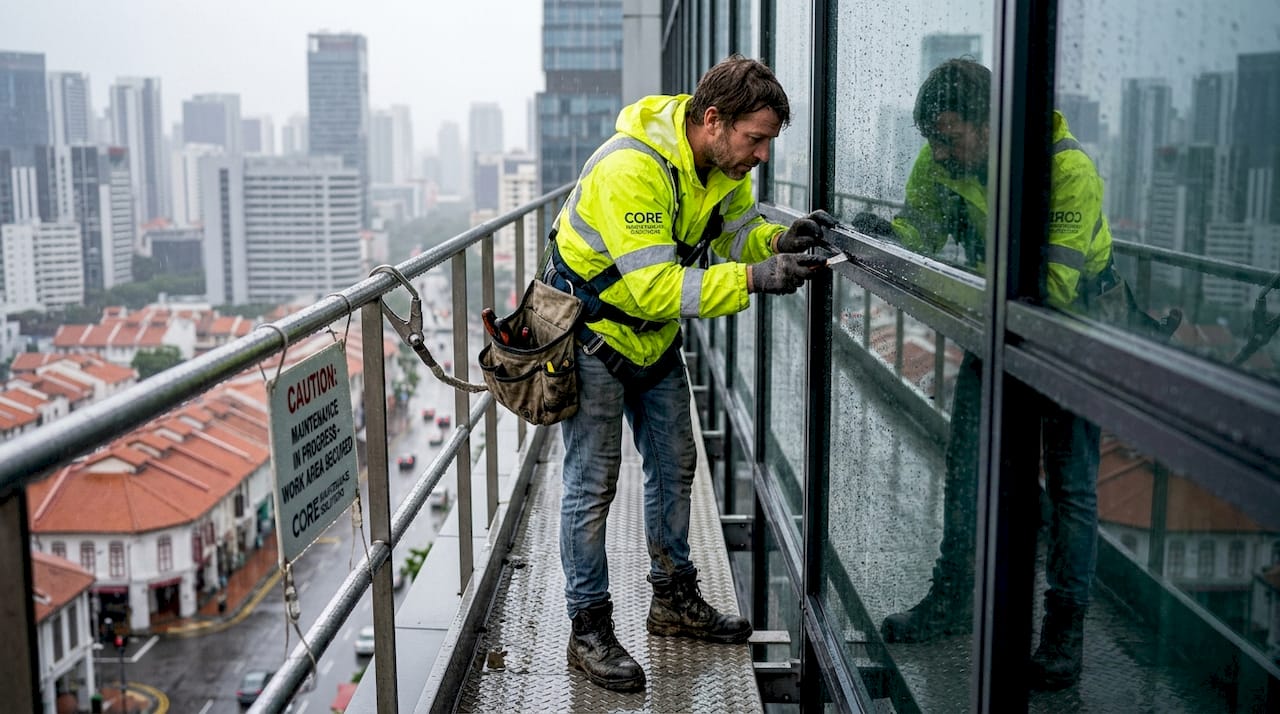 Technician inspecting rainproof facade seals