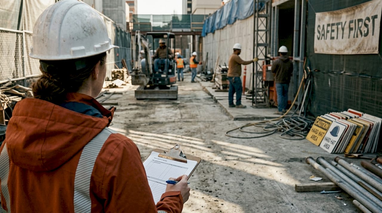 Safety officer inspecting site for hazards