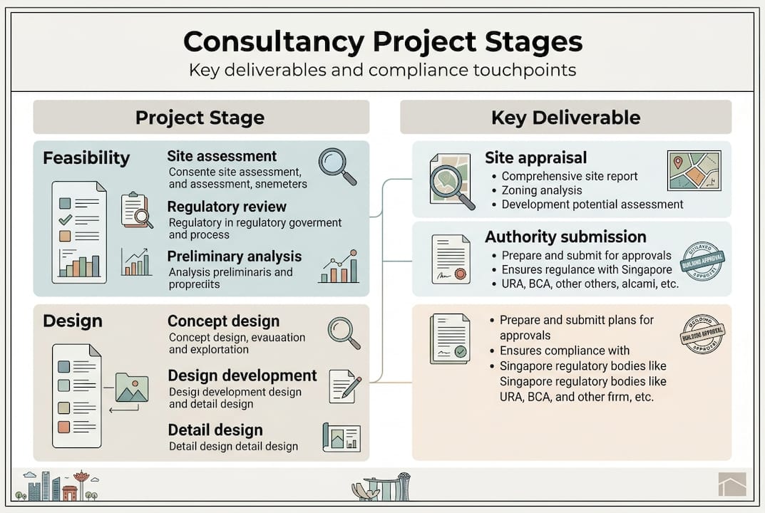 Architectural Consultancy Explained: Compliance and Design Benefits Infographic of consultancy stages and deliverables