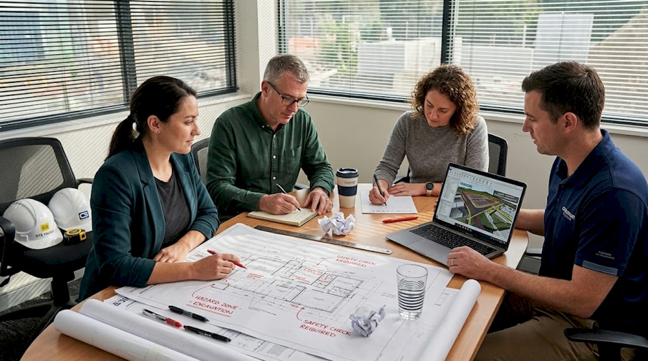 Team reviewing blueprints with hazard marks