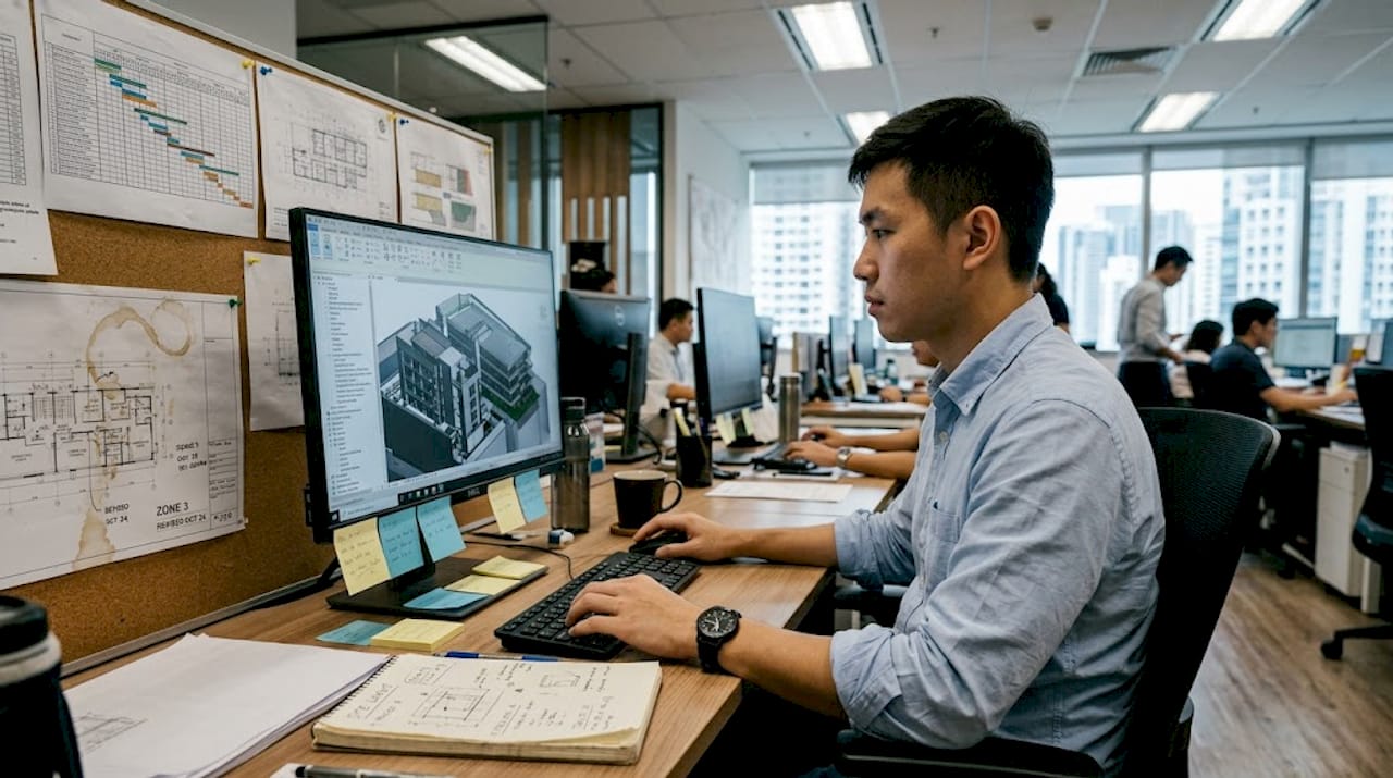 Engineer working on BIM model in office