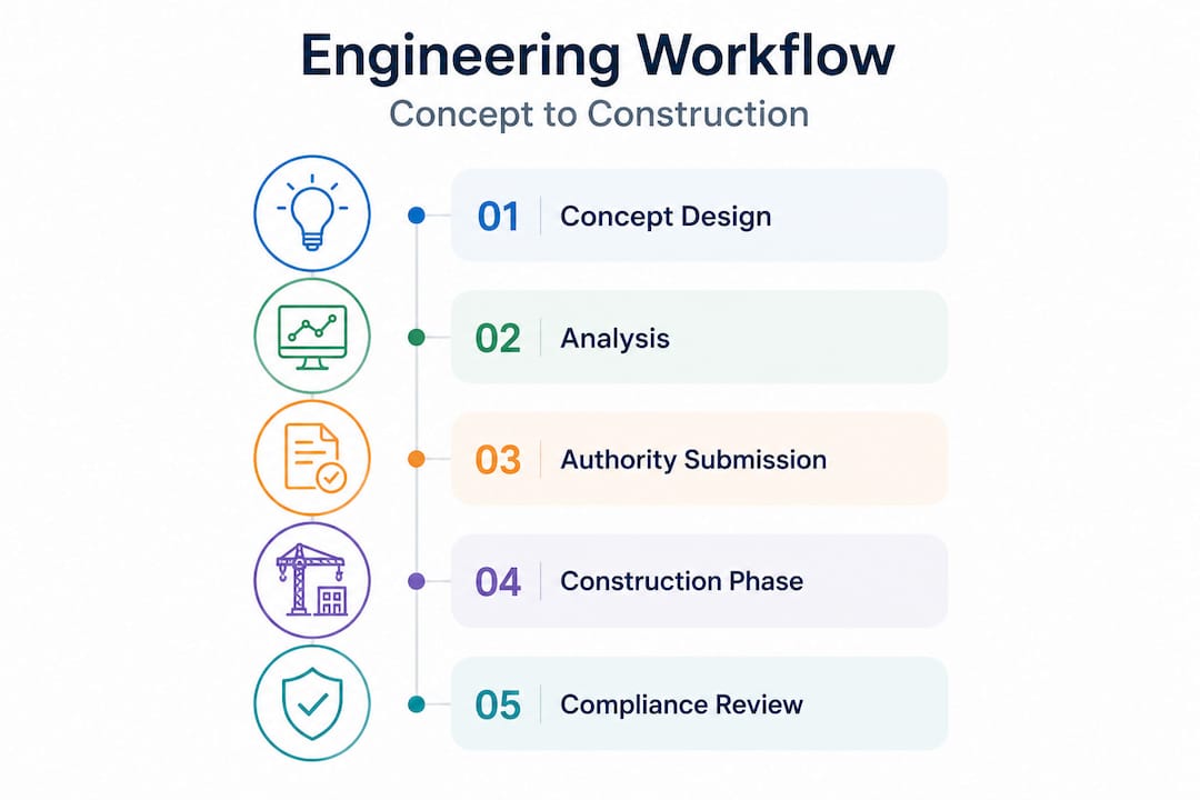 Structural engineering guide for Singapore developers Infographic showing stages of engineering workflow