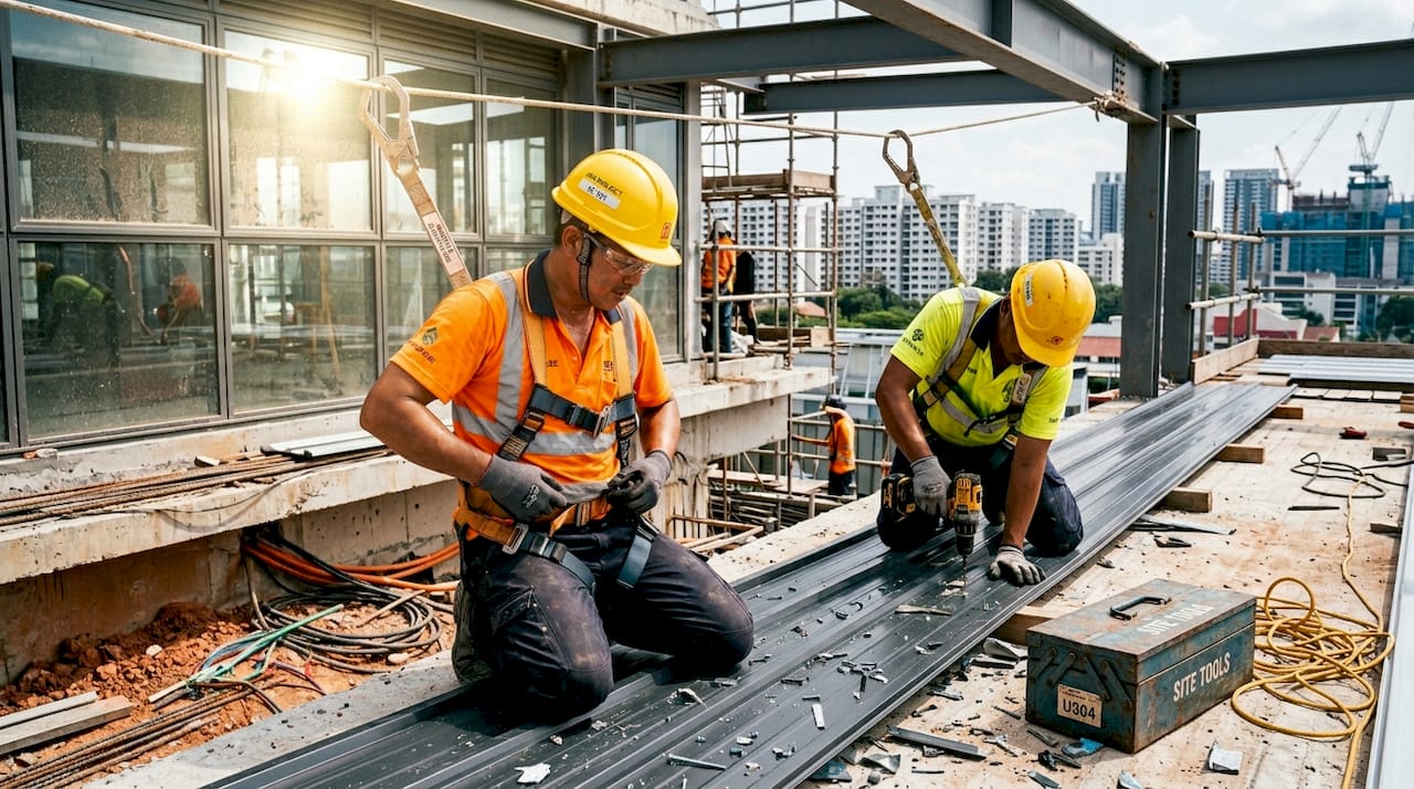 Workers installing panels with harnesses