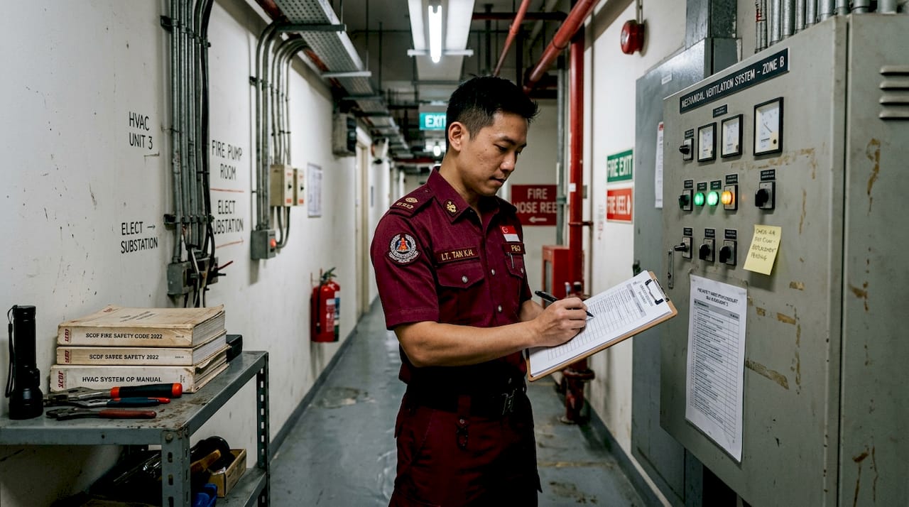 M&E engineering compliance guide for Singapore buildings Fire safety officer checks mechanical panel