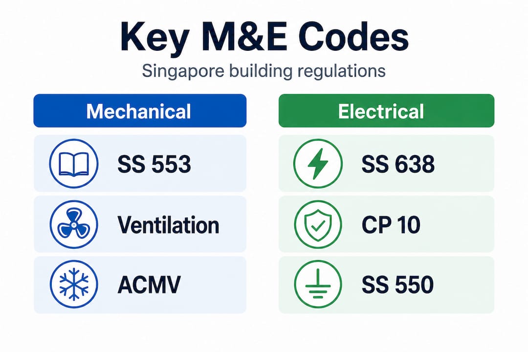 M&E engineering compliance guide for Singapore buildings Infographic comparing key mechanical and electrical codes