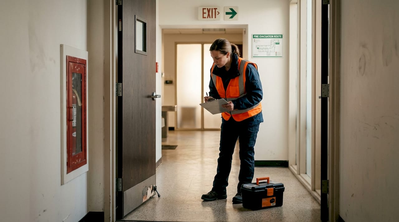 Inspector checking fire safety during building renovation