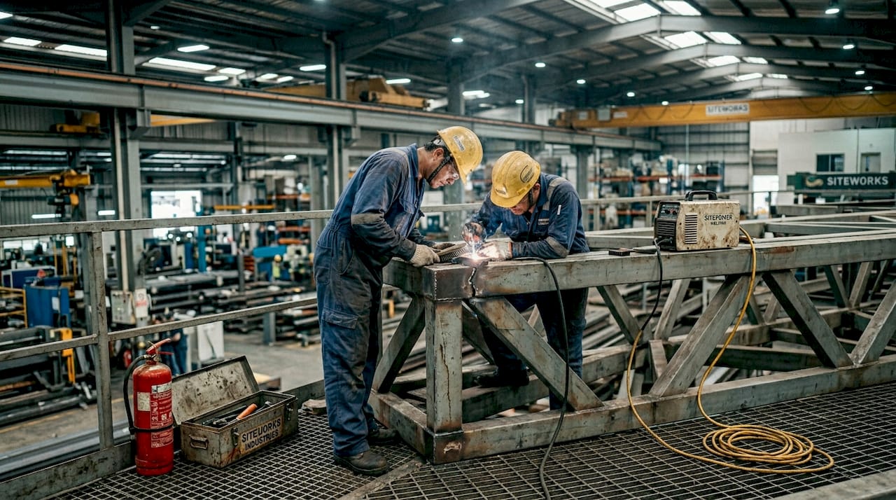 Structural repair solutions: practical examples for Singapore projects Workers welding steel truss in Singapore warehouse