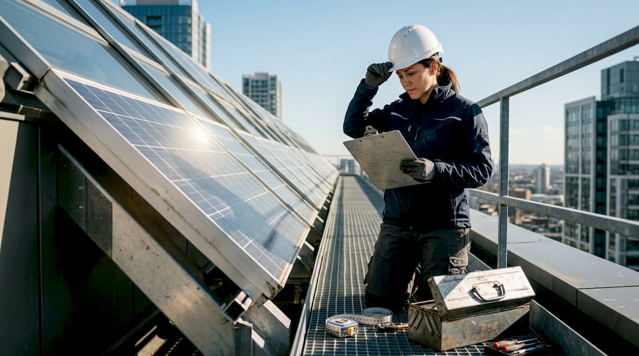 Facade engineer inspects integrated solar panels
