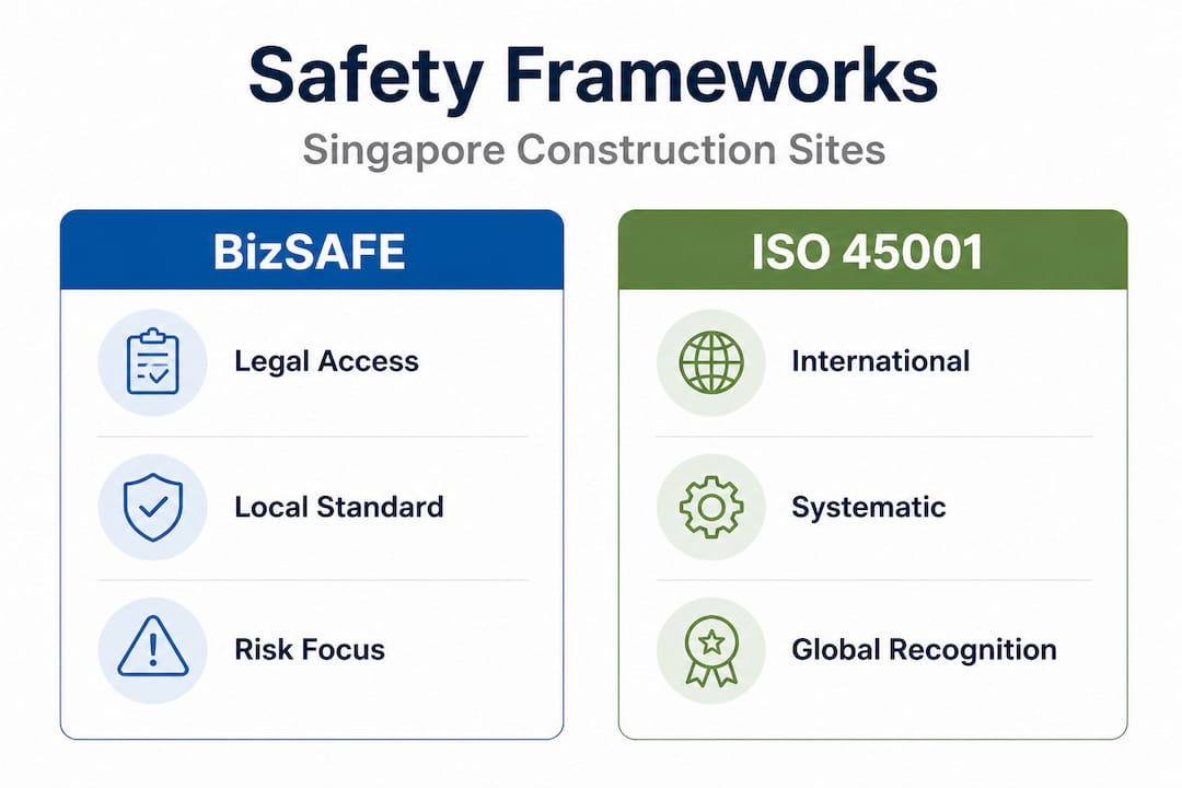 Infographic comparing BizSAFE and ISO frameworks
