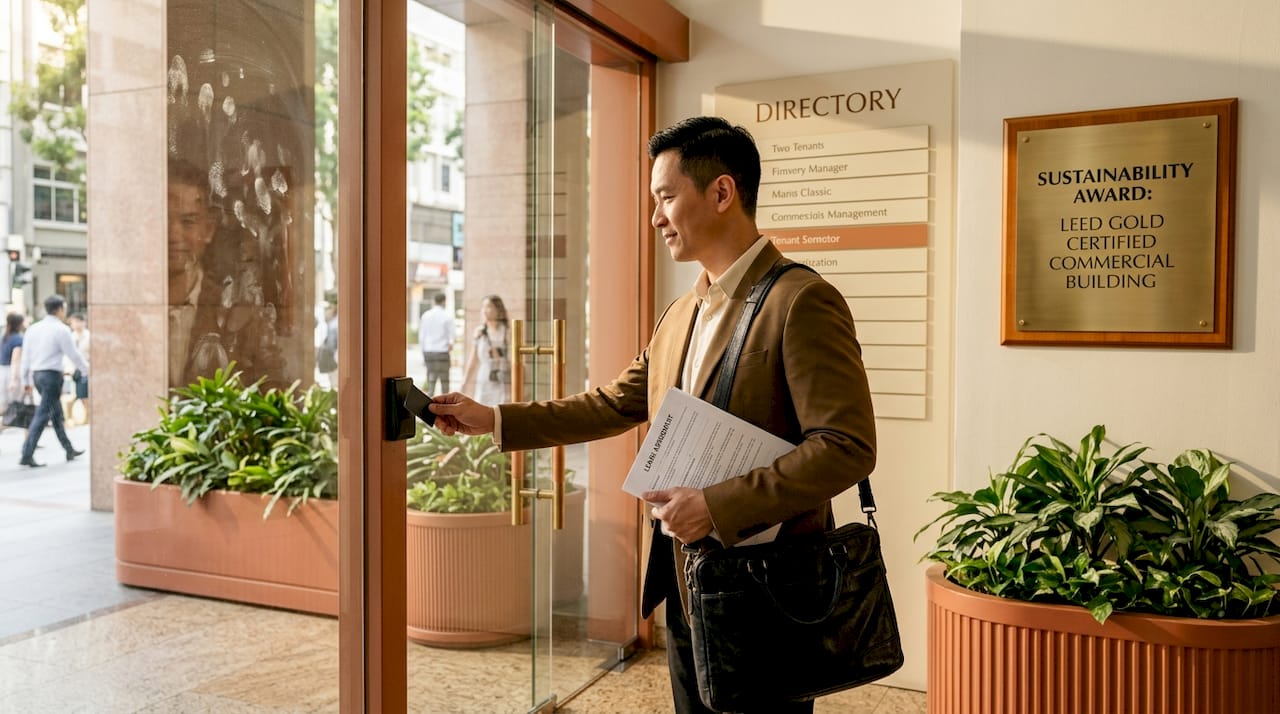 Manager using access card at green-certified lobby