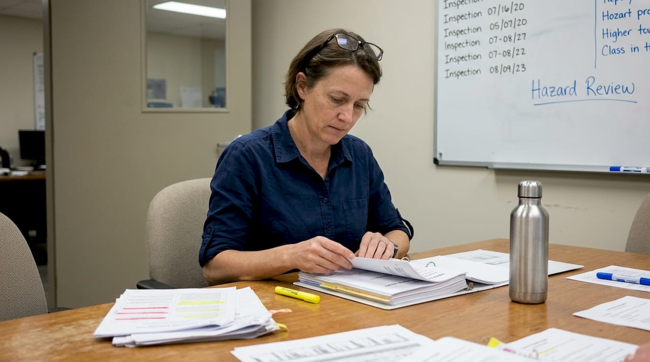 Supervisor reviewing safety system documents in office