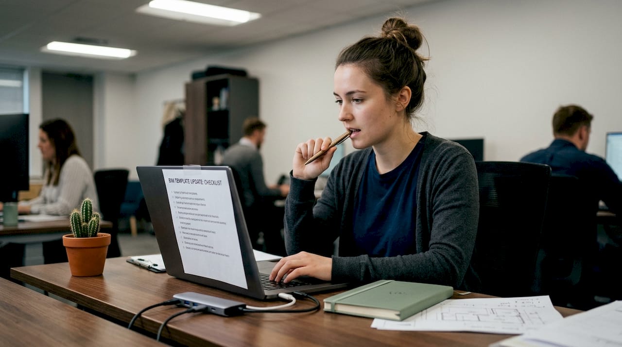 BIM engineer updating templates at open-plan desk