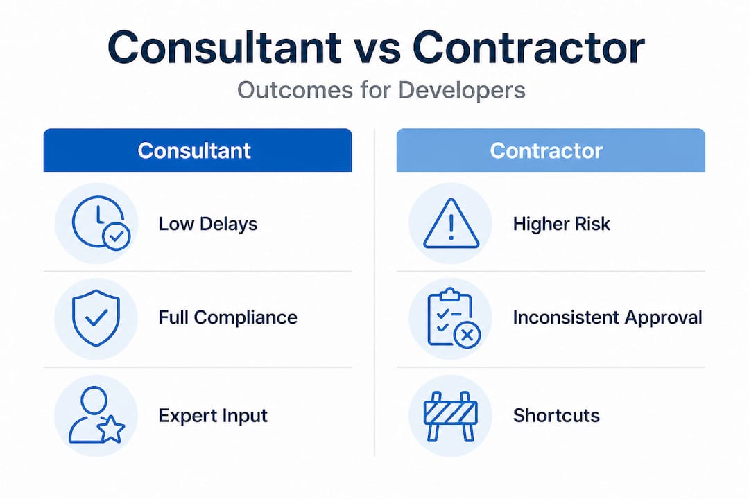 Why use design consultants? Key benefits for Singapore developers Infographic comparing consultant and contractor outcomes