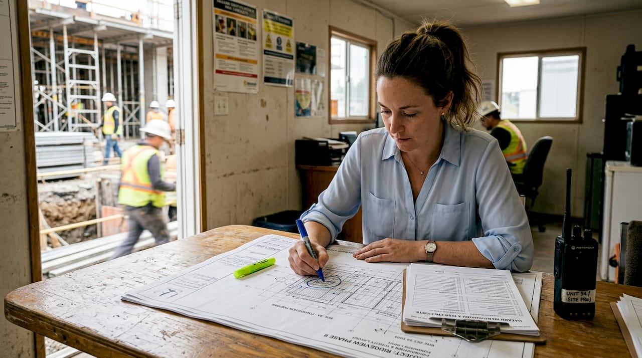 Coordinator reviewing site hazard plans in office