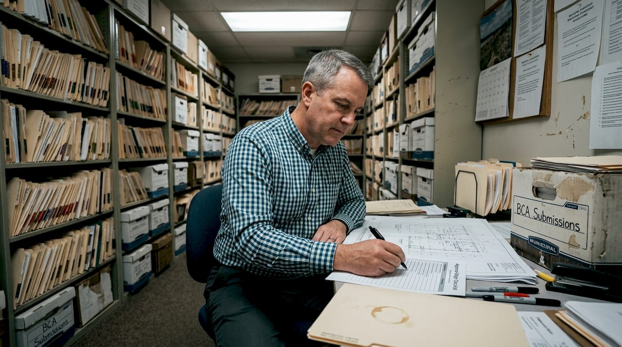 Municipal plan checker marking blueprints