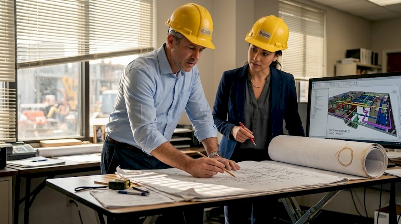 Engineers consulting blueprints at site office