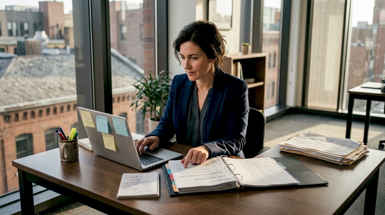Compliance manager reviewing audit report binder