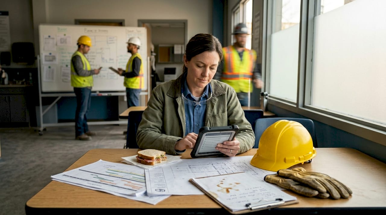 Engineer updating inspection log at worksite table