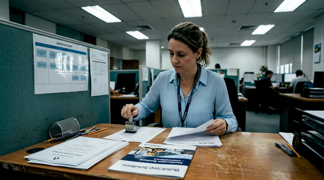 Administrative officer handling compliance paperwork at desk