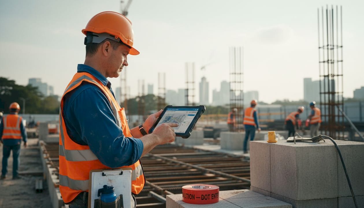 Construction supervisor checks BIM model on tablet
