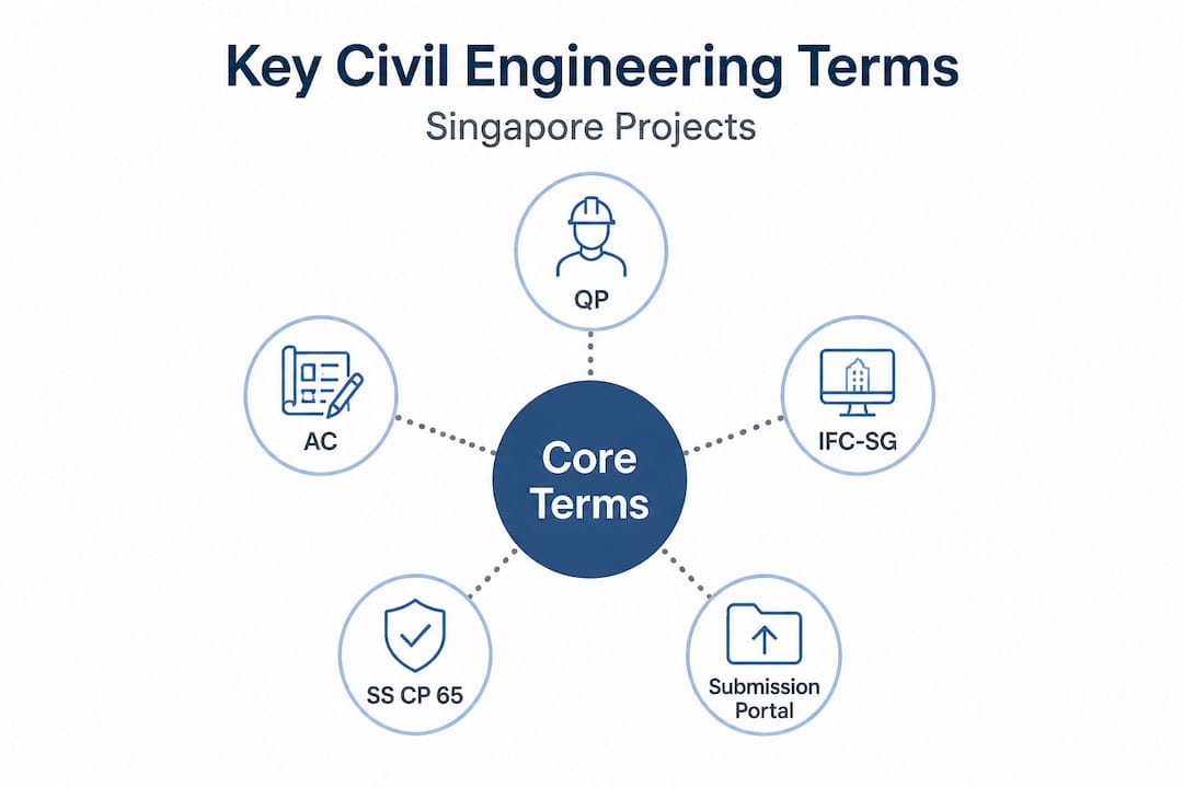 Civil engineering terminology for Singapore project success Infographic showing hierarchy of core civil engineering terms