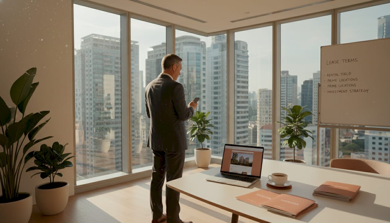 Businessman viewing Singapore commercial buildings from office